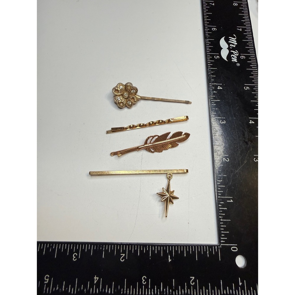 Gold Tone Hair Pin Set Flower Feather North Star Celestial Bobby Pins 4pc